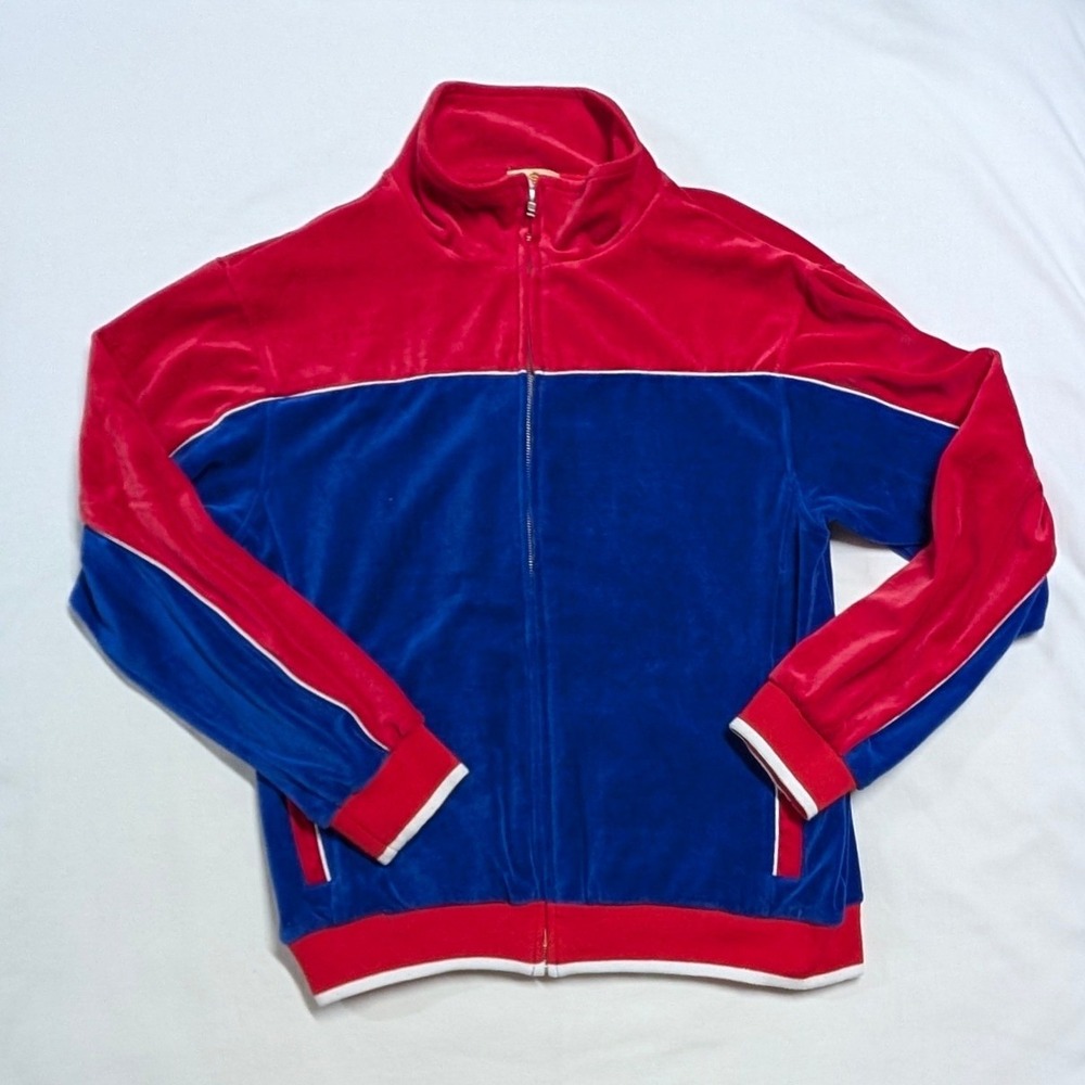 Sweatsedo Men's Large Velour Track Jacket Red Blue Colorblock Full Zip Velvet